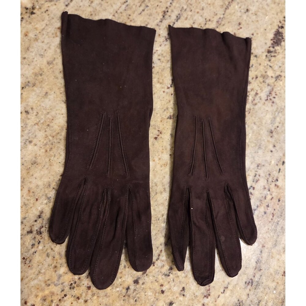 Vintage Womens Size S 6.5 Brown Thin Suede Leather 10.5" Long Gloves Formal